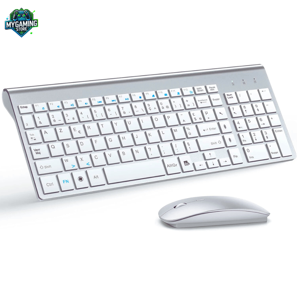 Clavier sans fil AZERTY blanc avec souris ergonomique