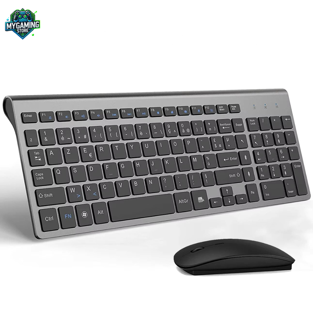 Clavier sans fil AZERTY gris avec souris ergonomique