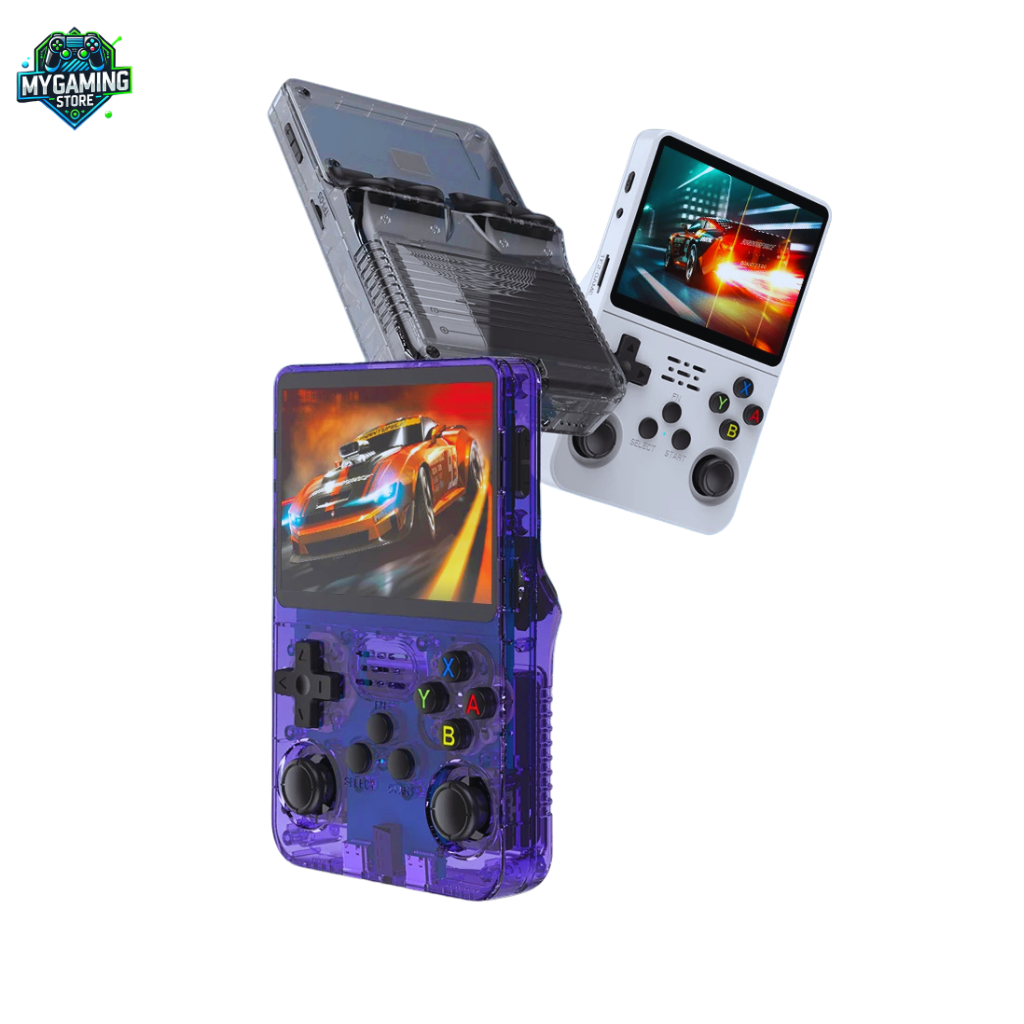 Console R36S violette, noire et blanche avec affichage de jeux rétro.