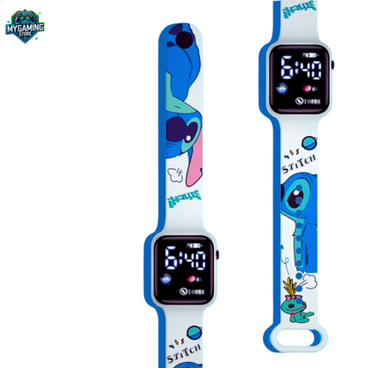 Présentation de la montre connectée enfant Stitch – Design ludique avec affichage LED lumineux et bracelet ajustable.